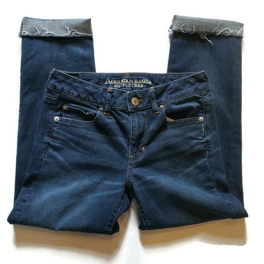 American Eagle Straight Crop Dark Wash Roll Hem 4